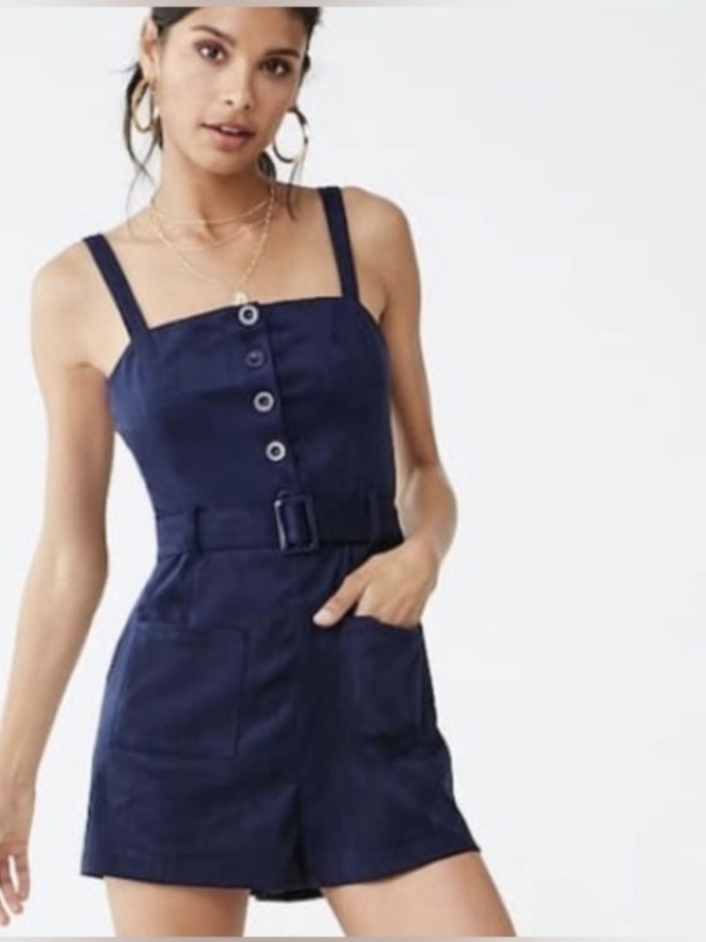 Navy Suede Button-Front Belted Romper - Forever21